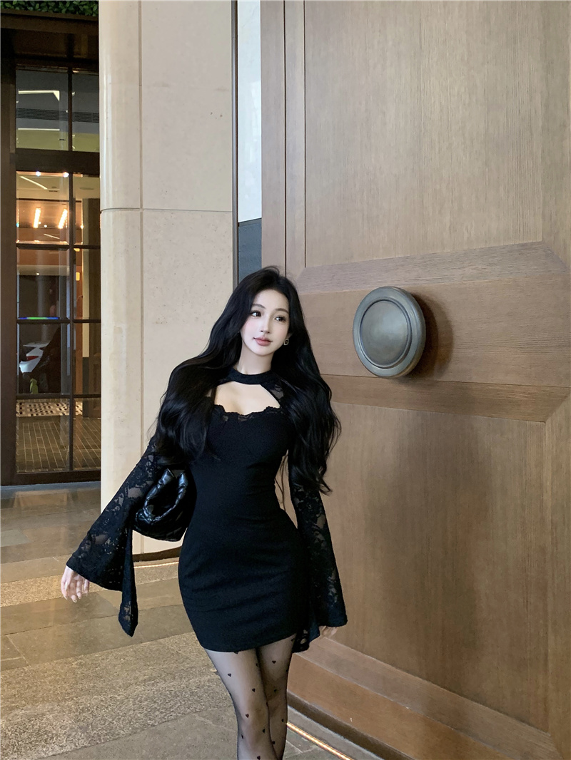 Women's Knit Bodycon Dress with Cutout Lace and Half Turtleneck