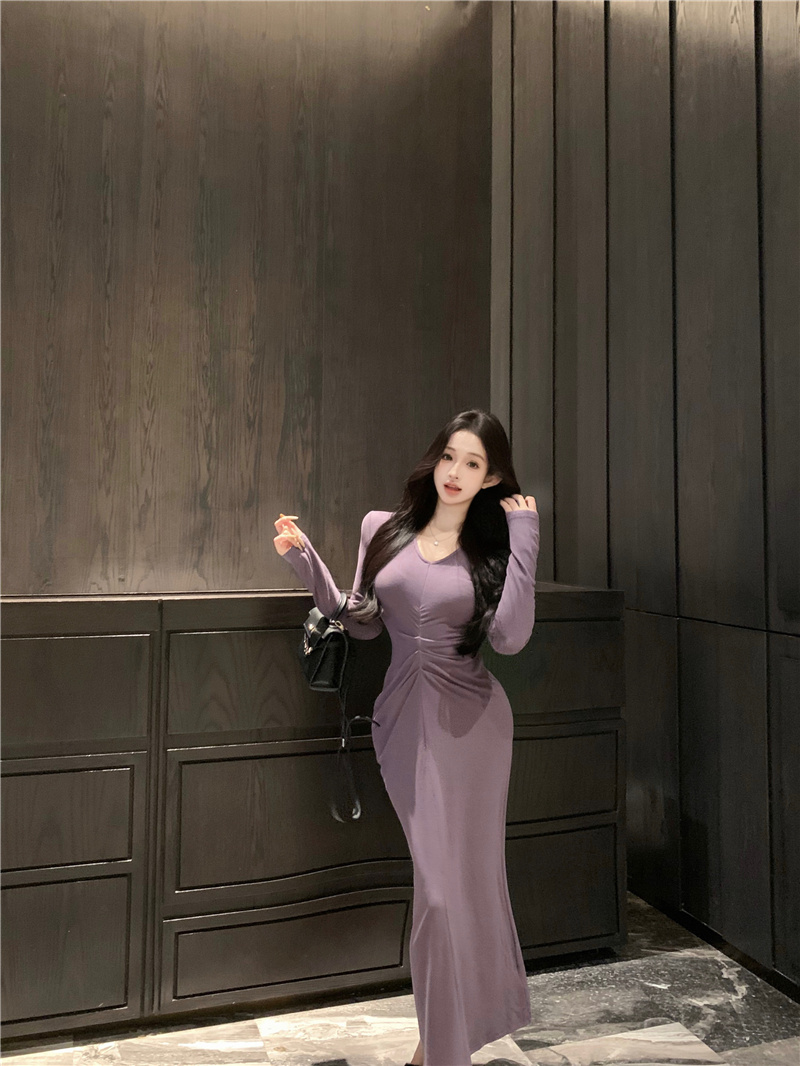 Purple V-Neck Long Sleeve Bodycon Dress for Women