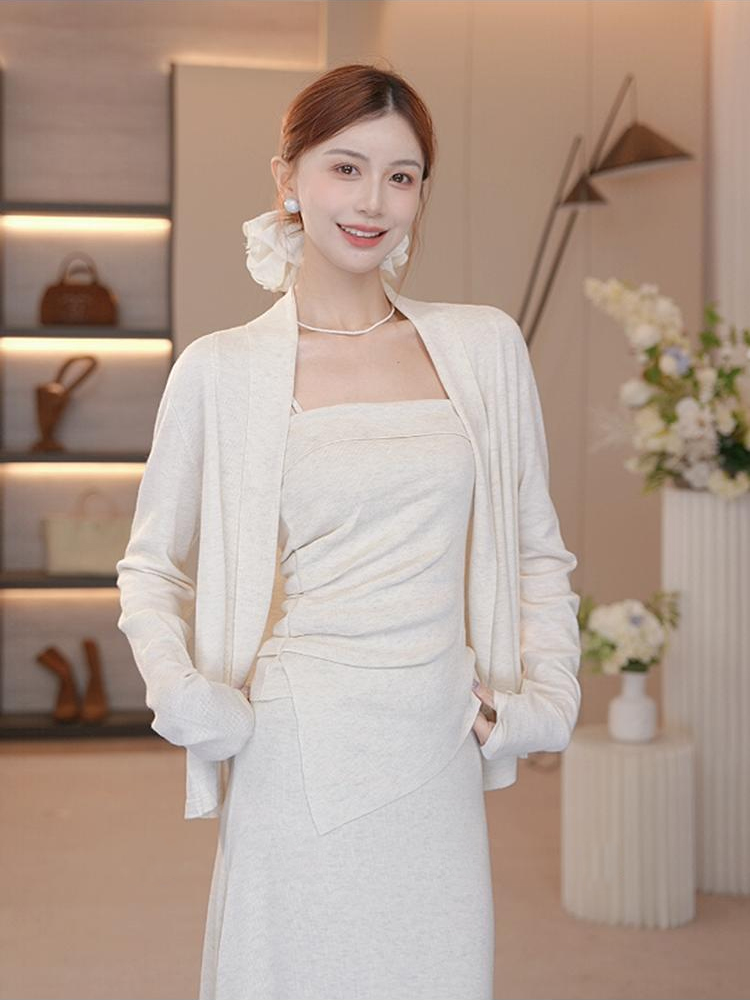 Autumn Elegant Long Sleeve Cardigan Camisole and Skirt Three Piece Set - Image 3