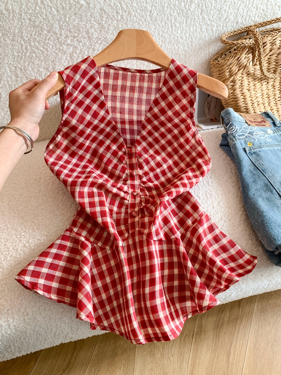 French V-Neck Plaid Cami Top Sleeveless Summer Blouse for Women