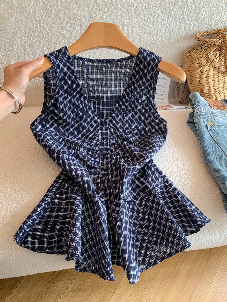 French V-Neck Plaid Cami Top Sleeveless Summer Blouse for Women - Image 2