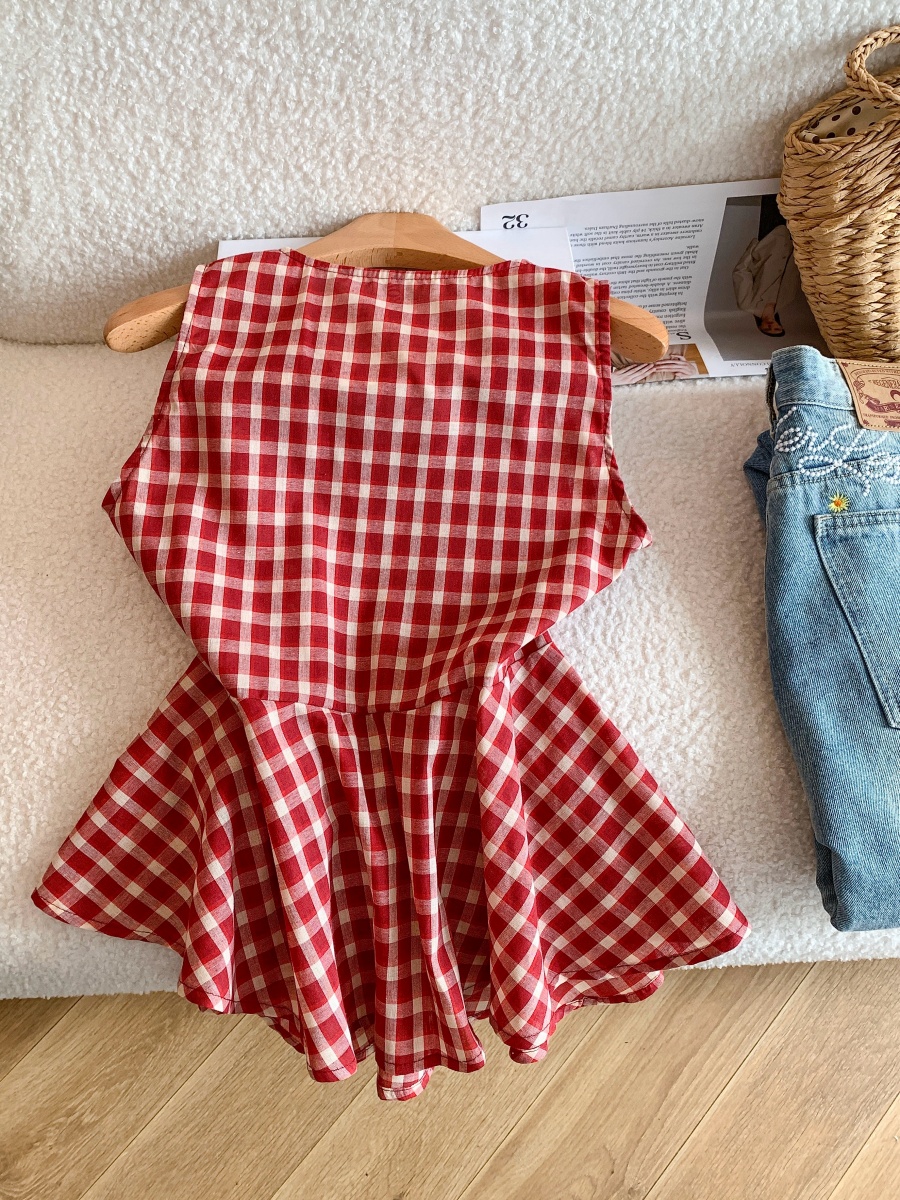French V-Neck Plaid Cami Top Sleeveless Summer Blouse for Women - Image 3