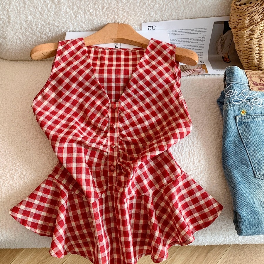 French V-Neck Plaid Cami Top Sleeveless Summer Blouse for Women - Image 5