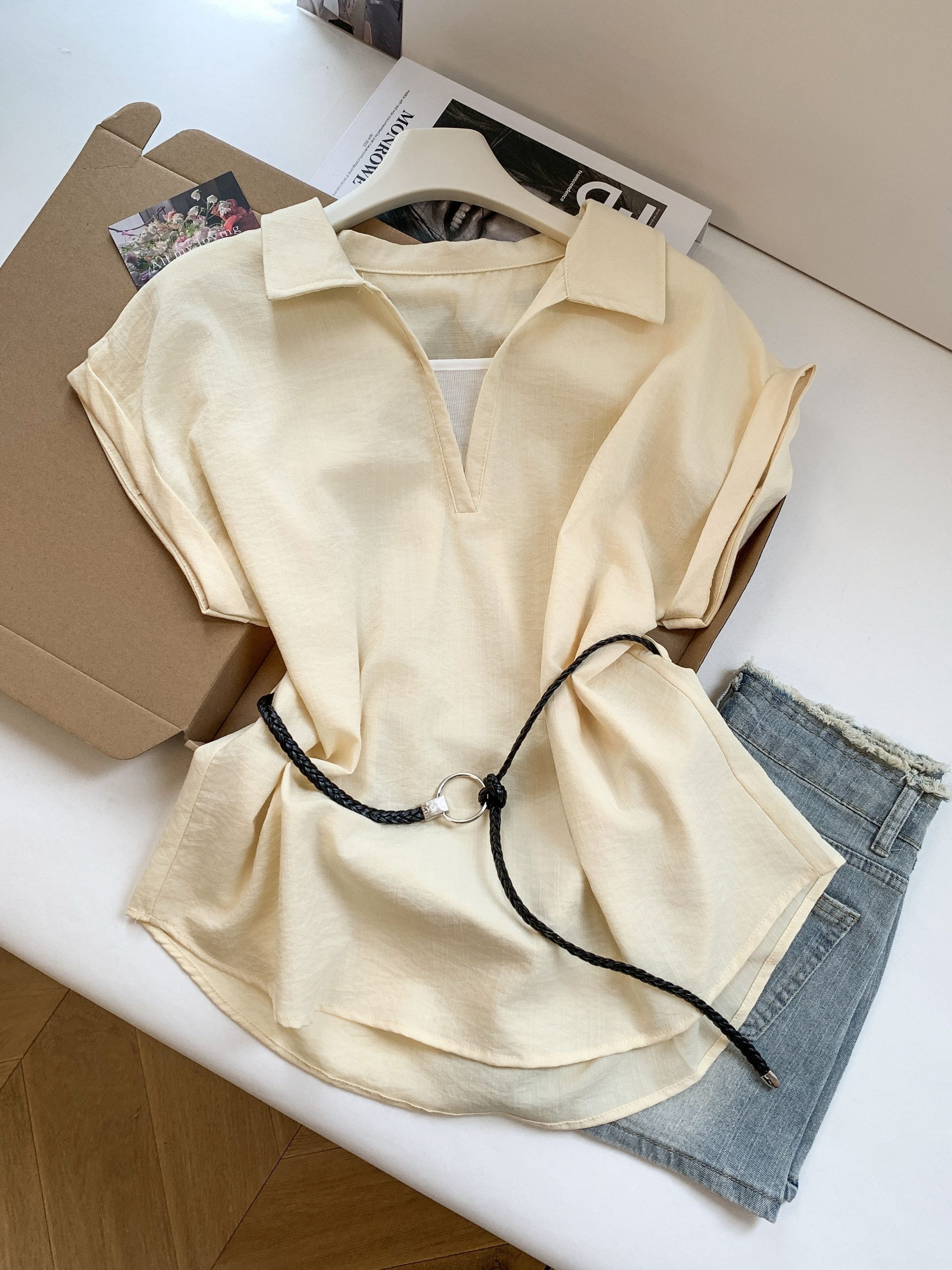 Women’s Summer Loose Sleeveless Polo Collar Shirt with Tie Detail – Style fd032b