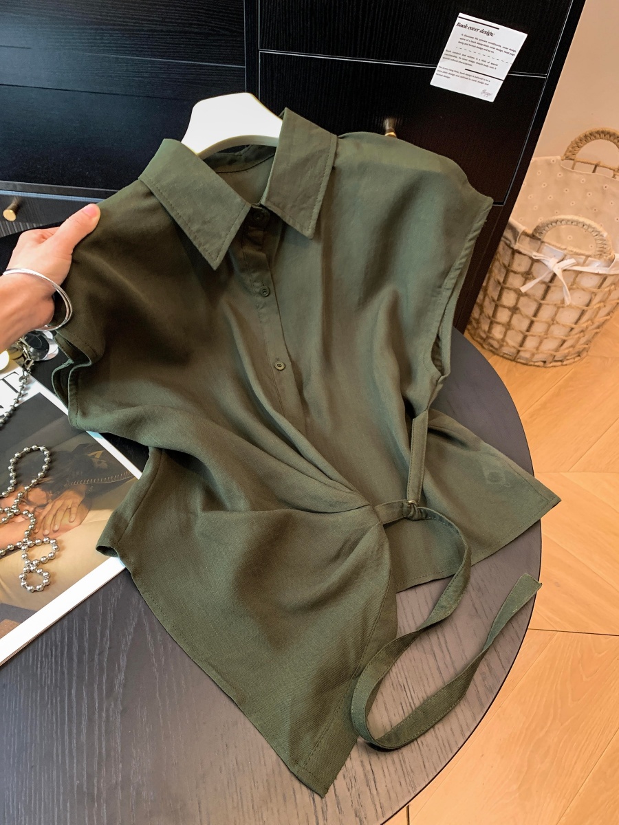 Women's Korean Style Tencel Linen Blend Shirt with Irregular Waist Tie and Lapel Collar Short Sleeve - Image 2