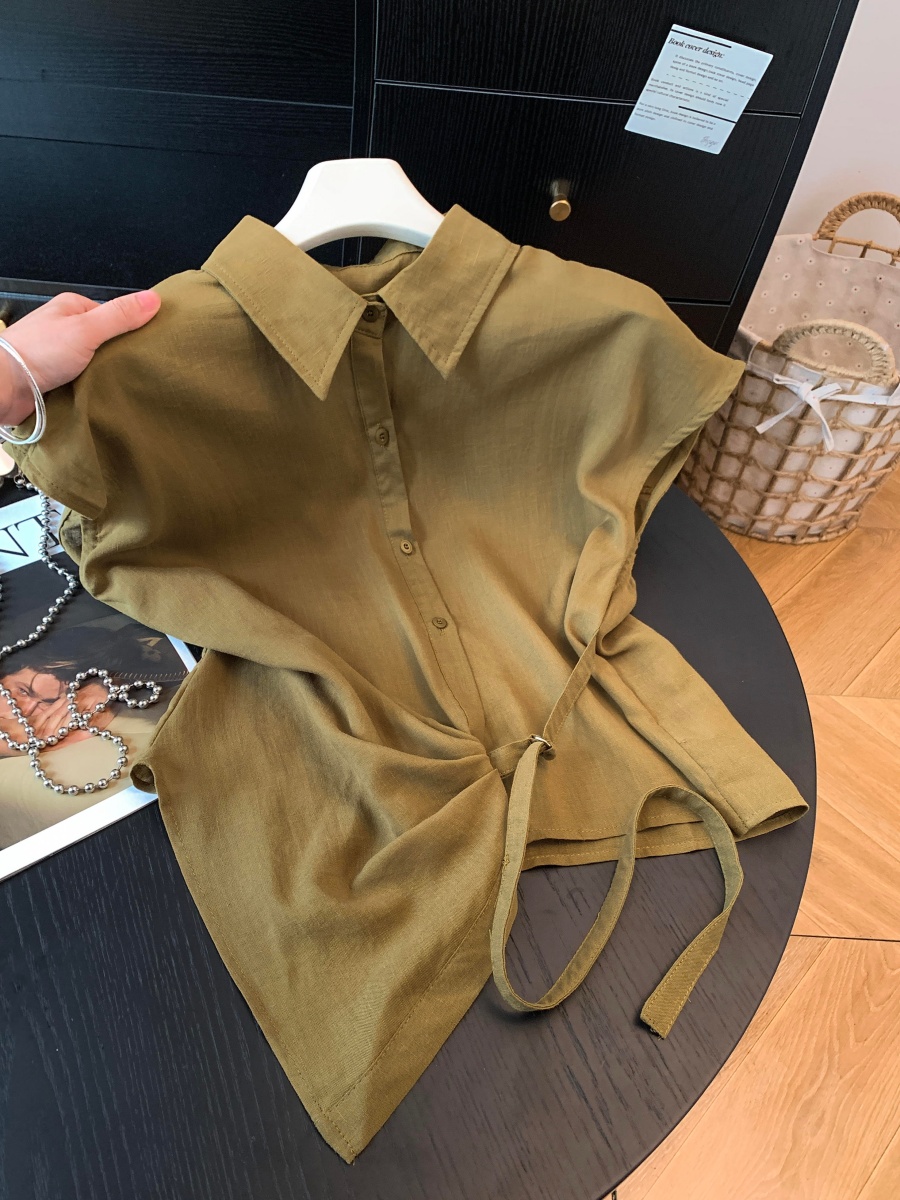 Women’s Korean Style Tencel Linen Blend Shirt with Irregular Waist Tie and Lapel Collar Short Sleeve