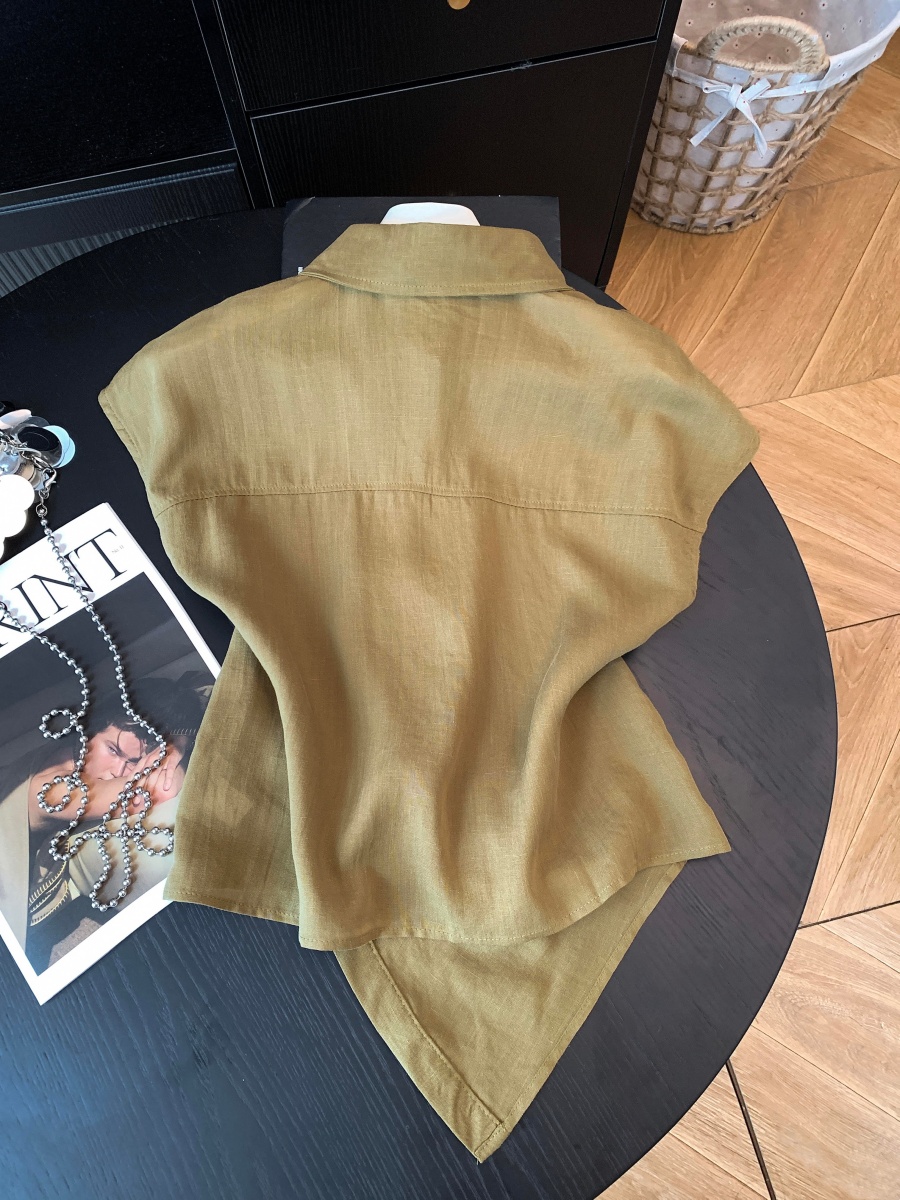 Women's Korean Style Tencel Linen Blend Shirt with Irregular Waist Tie and Lapel Collar Short Sleeve - Image 4