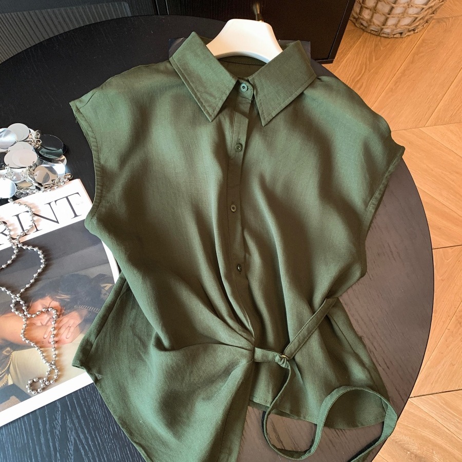 Women's Korean Style Tencel Linen Blend Shirt with Irregular Waist Tie and Lapel Collar Short Sleeve - Image 5