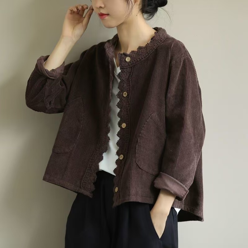 Autumn New Plus Size Loose Artistic Long Sleeve Round Neck Corduroy Lace Trim Short Jacket