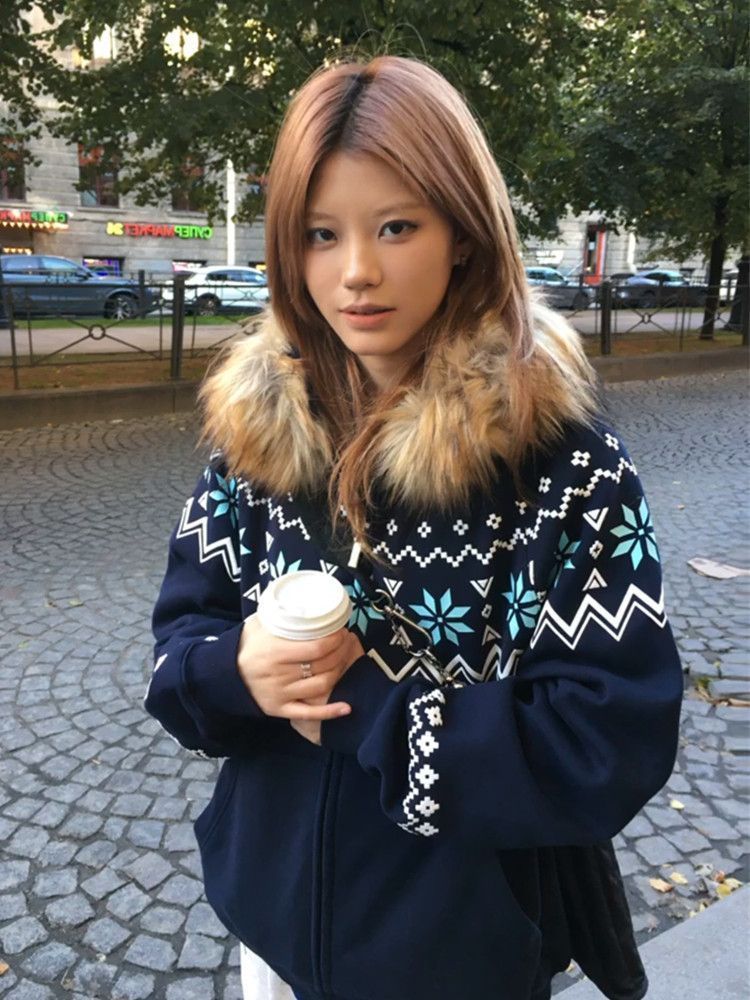 American Retro Pattern Hooded Fleece Lined Jacket Women’s Fall Winter Zip Cardigan Top