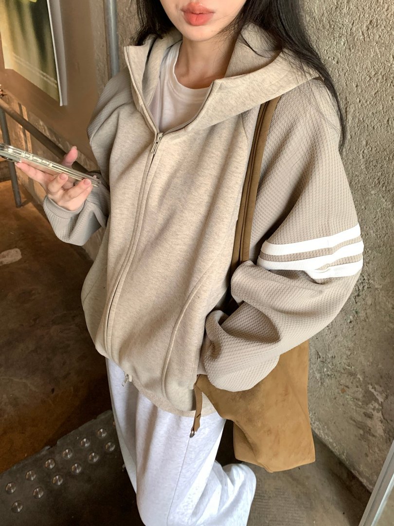 Women's Korean Loose Fit Hooded Cardigan Jacket Cotton Solid Color Fall Outerwear