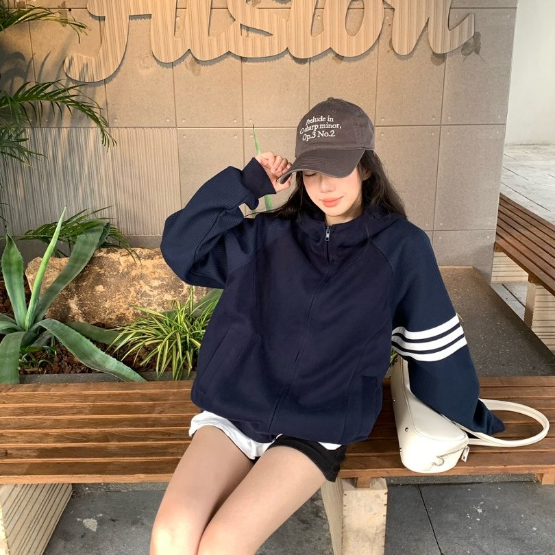 Women's Korean Loose Fit Hooded Cardigan Jacket Cotton Solid Color Fall Outerwear - Image 5