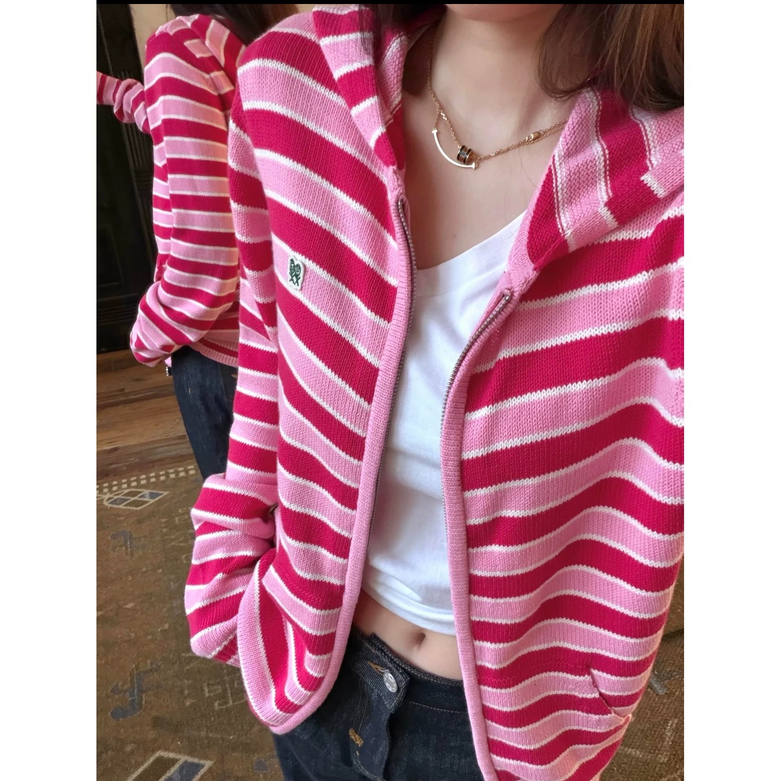 Korean Style Striped Knit Zip Hooded Cardigan Women’s Casual Jacket